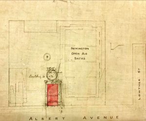 Site Plan showing building location near Newington Open Air Baths - Cottage Bath plans hand drawn in circa 1920-1924