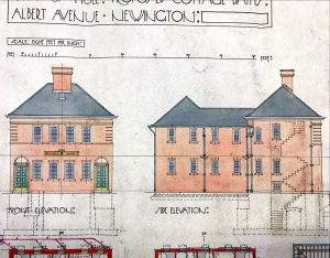 Cottage Baths Front & Side Elevation, hand drawn between 1920 and 1924