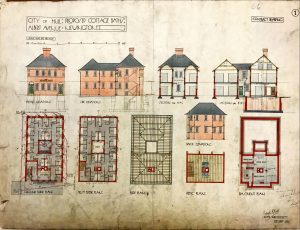 Cottage Baths Front, Side and internal Plans, hand drawn between 1920 and 1924