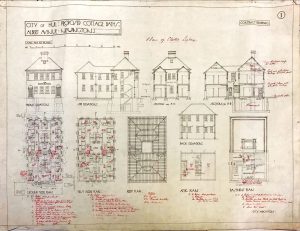Lighting Notes - Cottage Baths Front, Side and internal Plans, hand drawn between 1920 and 1924