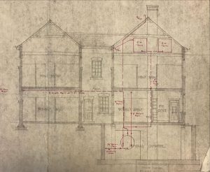 Heating Plan - Cottage Baths Front, Side and internal Plans, hand drawn between 1920 and 1924